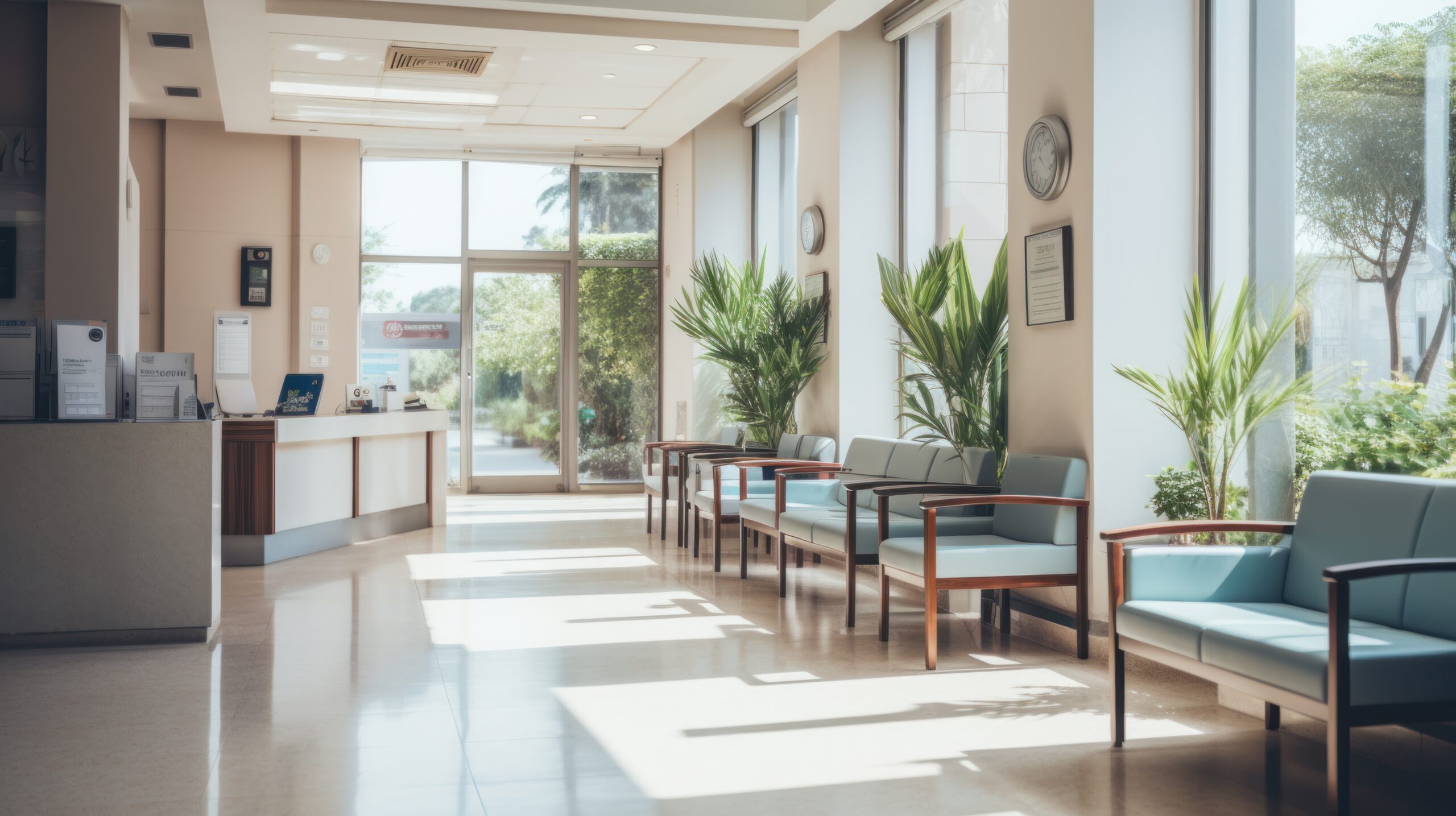 Brightly lit waiting room in doctors' office