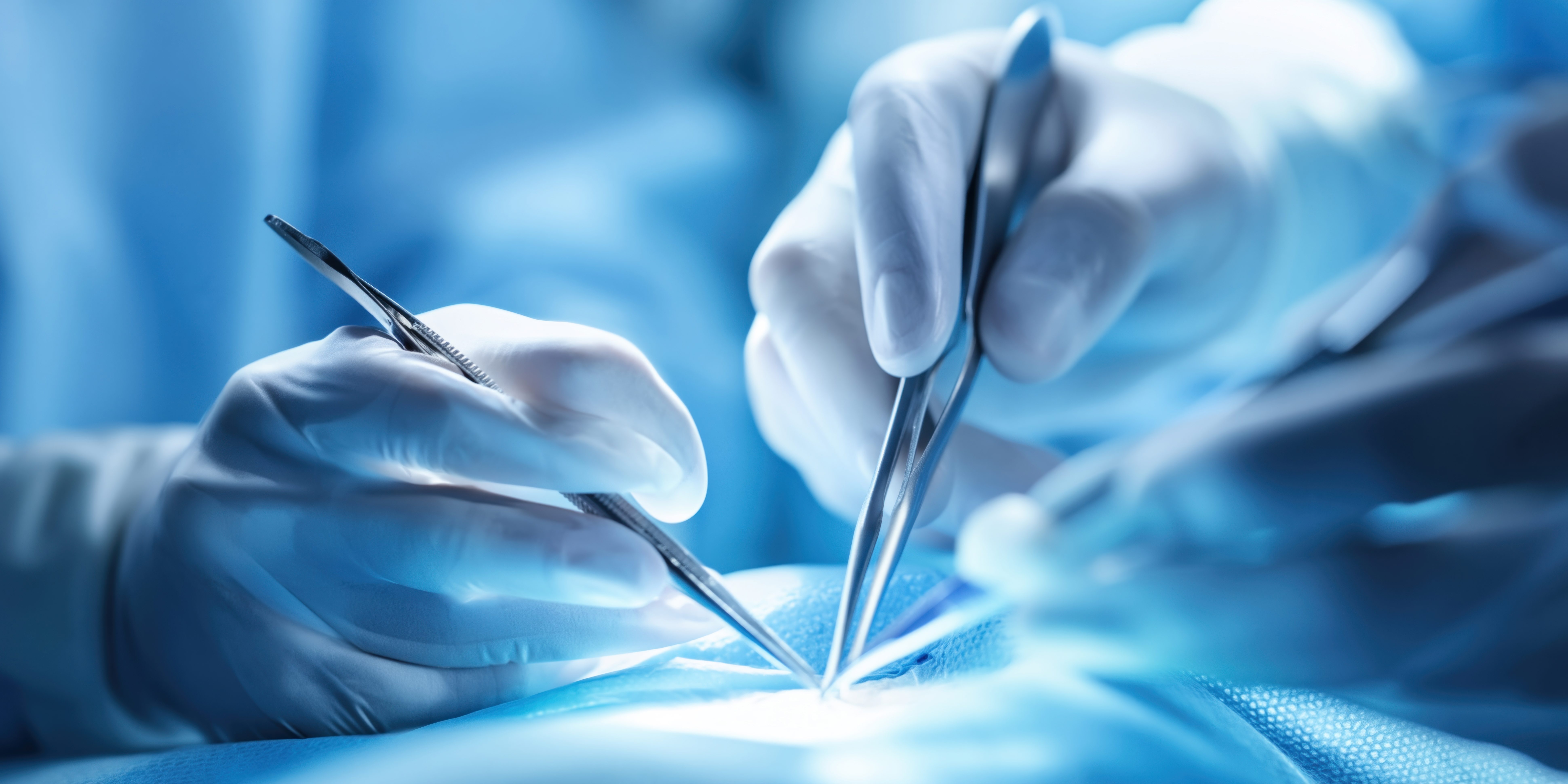 Close-up view of gloved hands using surgical tools during an operation