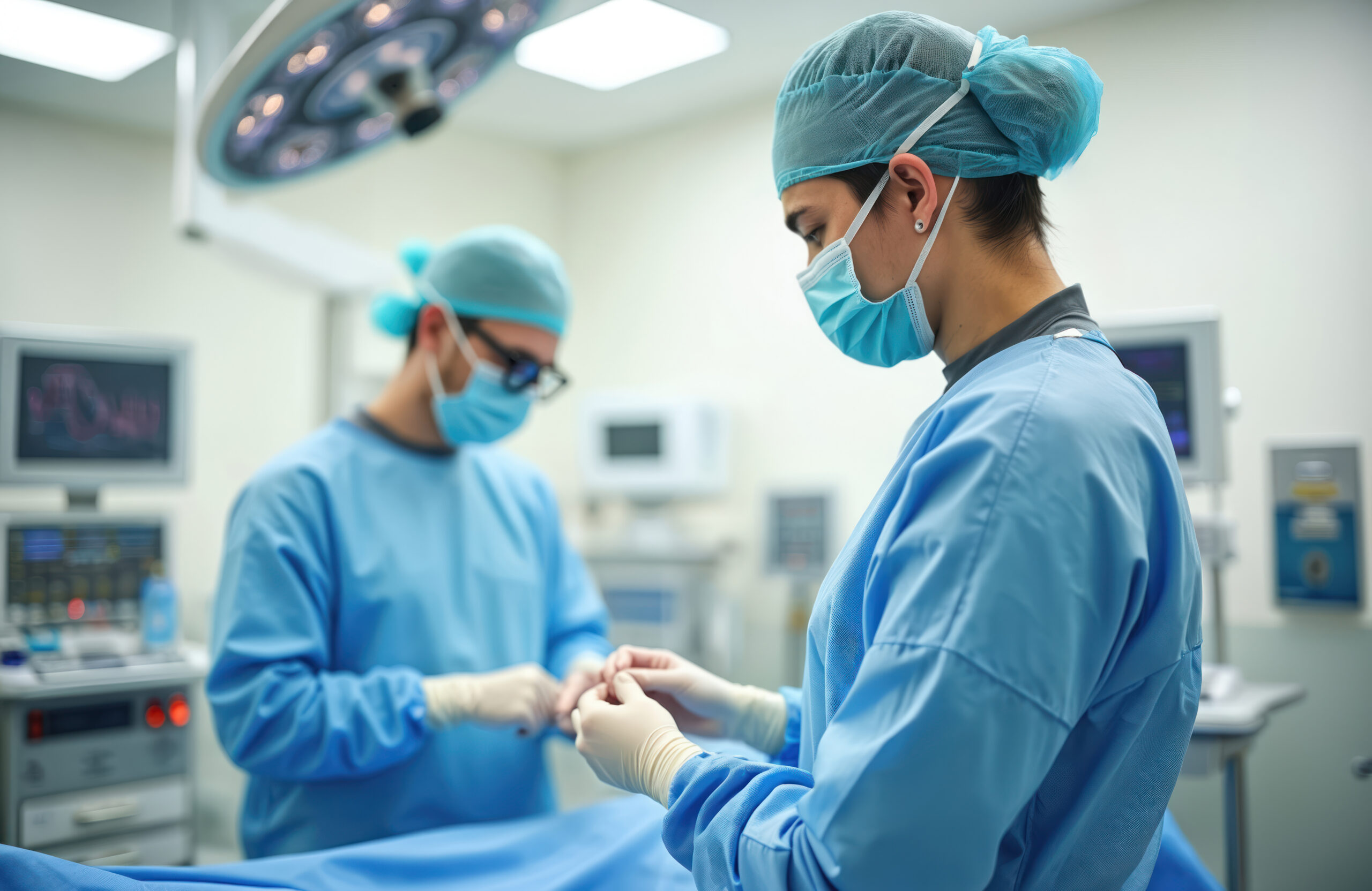 Surgeons wearing gloves and masks in operating room